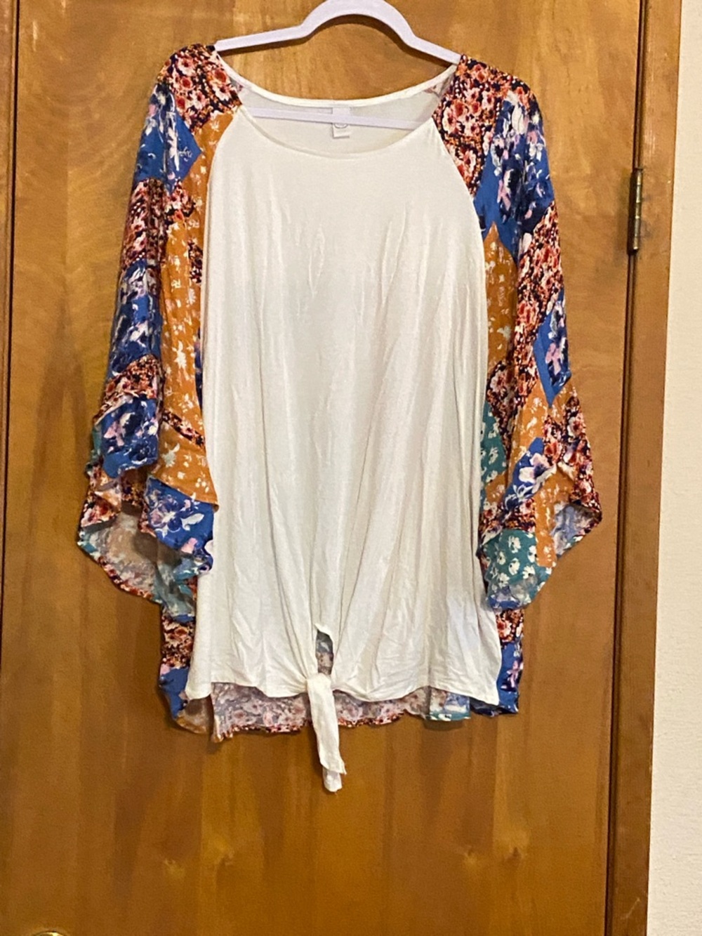 White Tie-Front Tunic with Floral Patchwork Sleeves